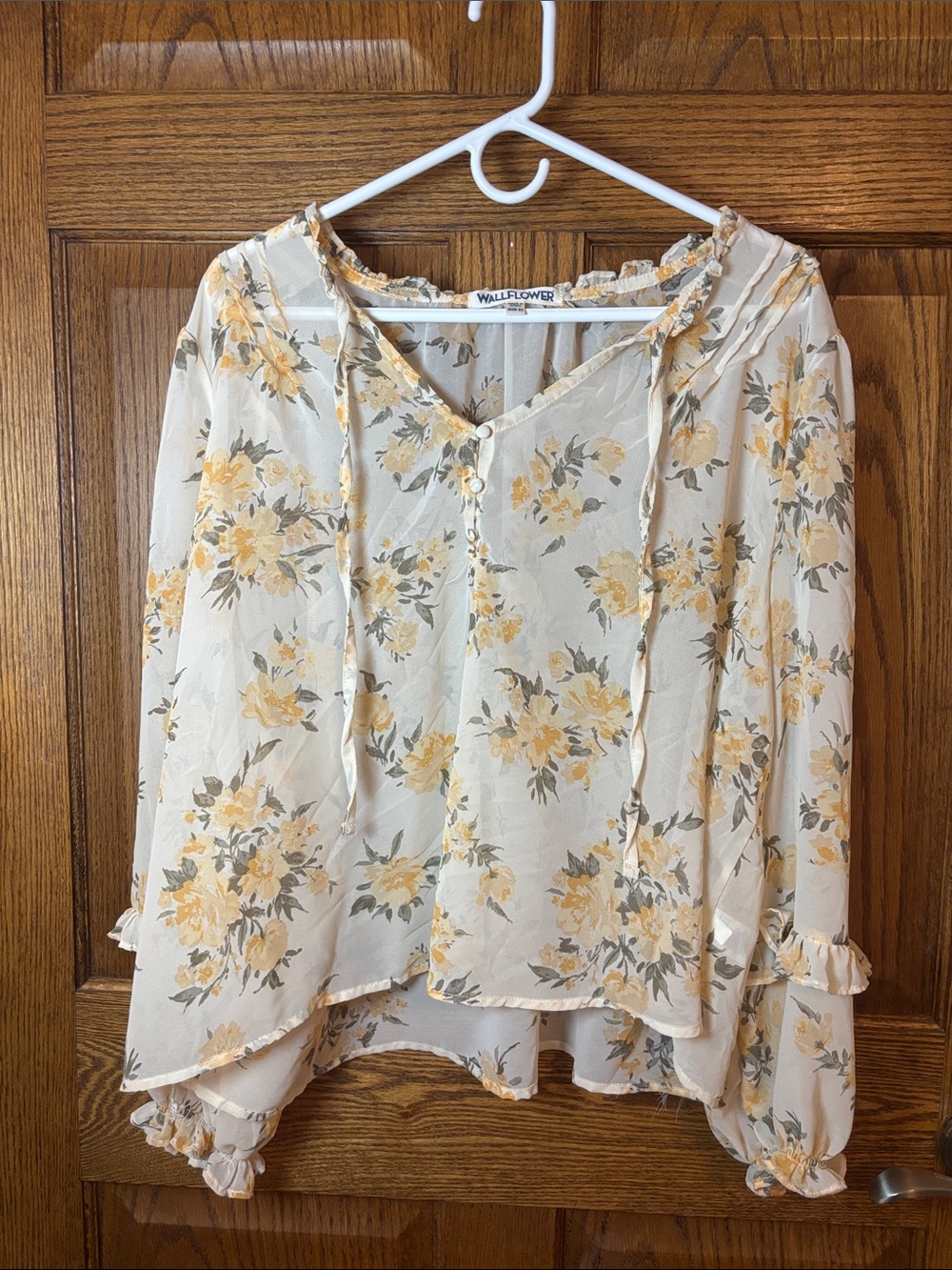 Wallflower Cream Floral Tie-Neck Peasant Blouse with Yellow Blooms